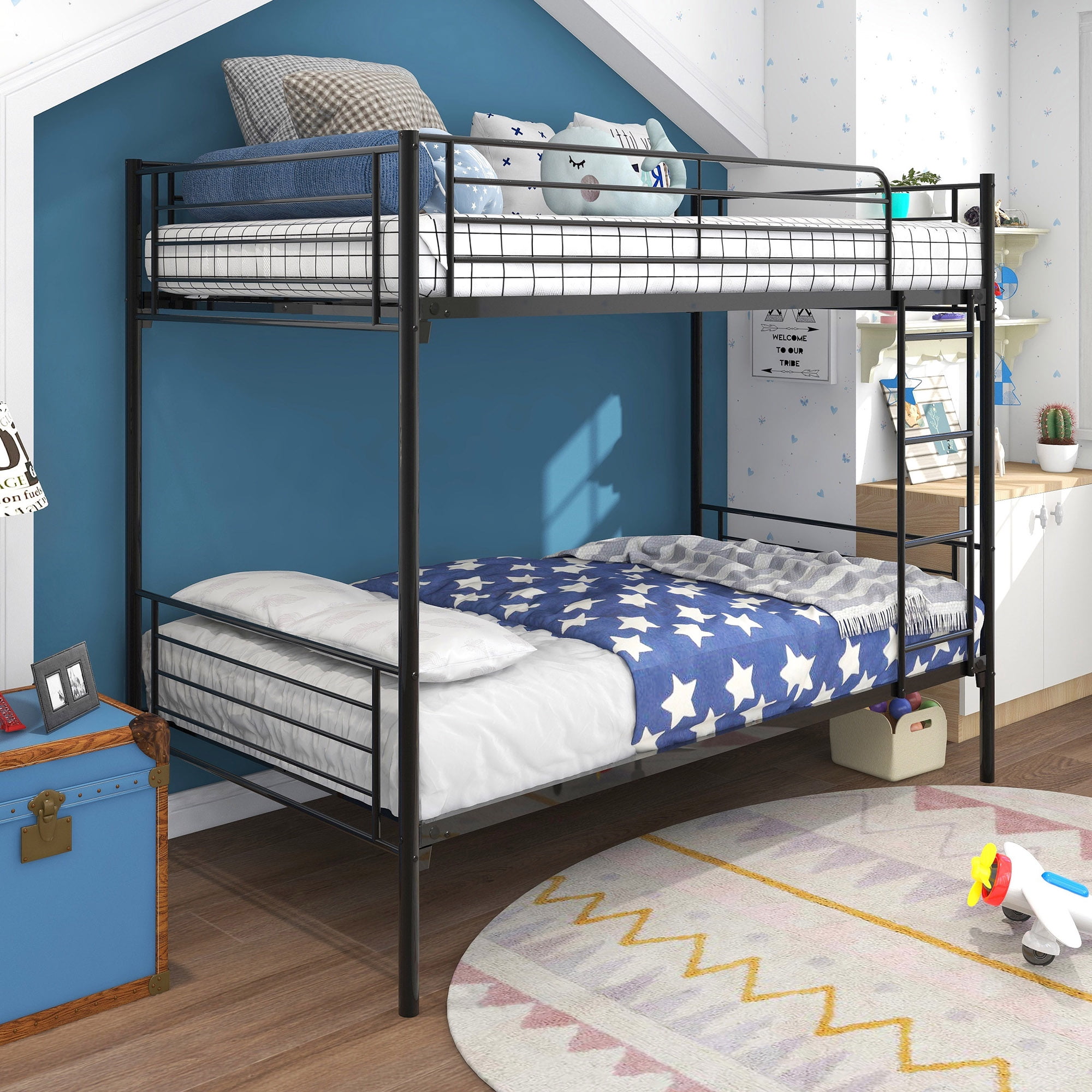Twin Over Twin Metal Bunk Bed Platform Bunk Beds with Ladder and Guardrail Twin Bunk Bed Frame for Kids Teens Adults No Box Spring Needed Kids Bedroom Furniture for Boy Girl Space Saving Walmart