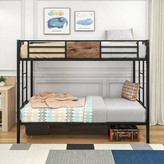 Twin Over Twin Metal Bunk Bed - Space-Saving Design, No Box Spring Needed, Double Ladder, Vintage Brown
