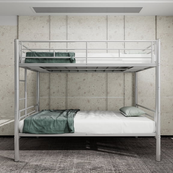 Twin Over Twin Metal Bunk Bed, Sturdy Bedframe with Ladders and Guardrail, Convertible 2 Separate Beds, No Box Spring Required, Silver