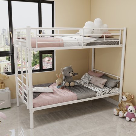 Twin Over Twin Metal Bunk Bed for Teens, Convertible 2 Separate Beds, Heavy Duty Steel Frame with Ladder & Guardrail, No Box Spring, White