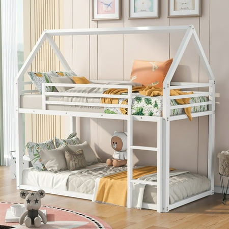Twin Over Twin Metal Bunk Bed with Built-in Ladder, Housebed Bunk Bed for Kids Toddlers, Can be Decorated with Mosquito nets