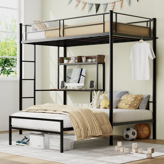 Twin Over Twin Metal Bunk Bedwith Desk, Storage Shelves and Charging Station for Bedroom