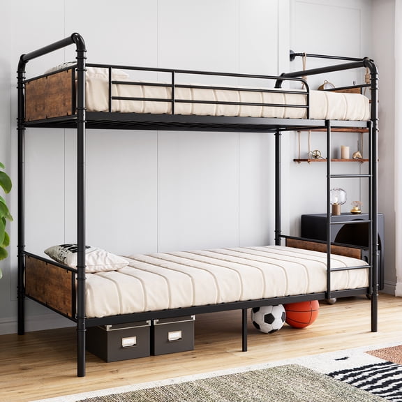 Twin Over Twin Metal Bunk Bed with Guardrail & Ladder, Space Saving Convertible Steel Bunk Bed for Bedroom School, No Box Spring Needed