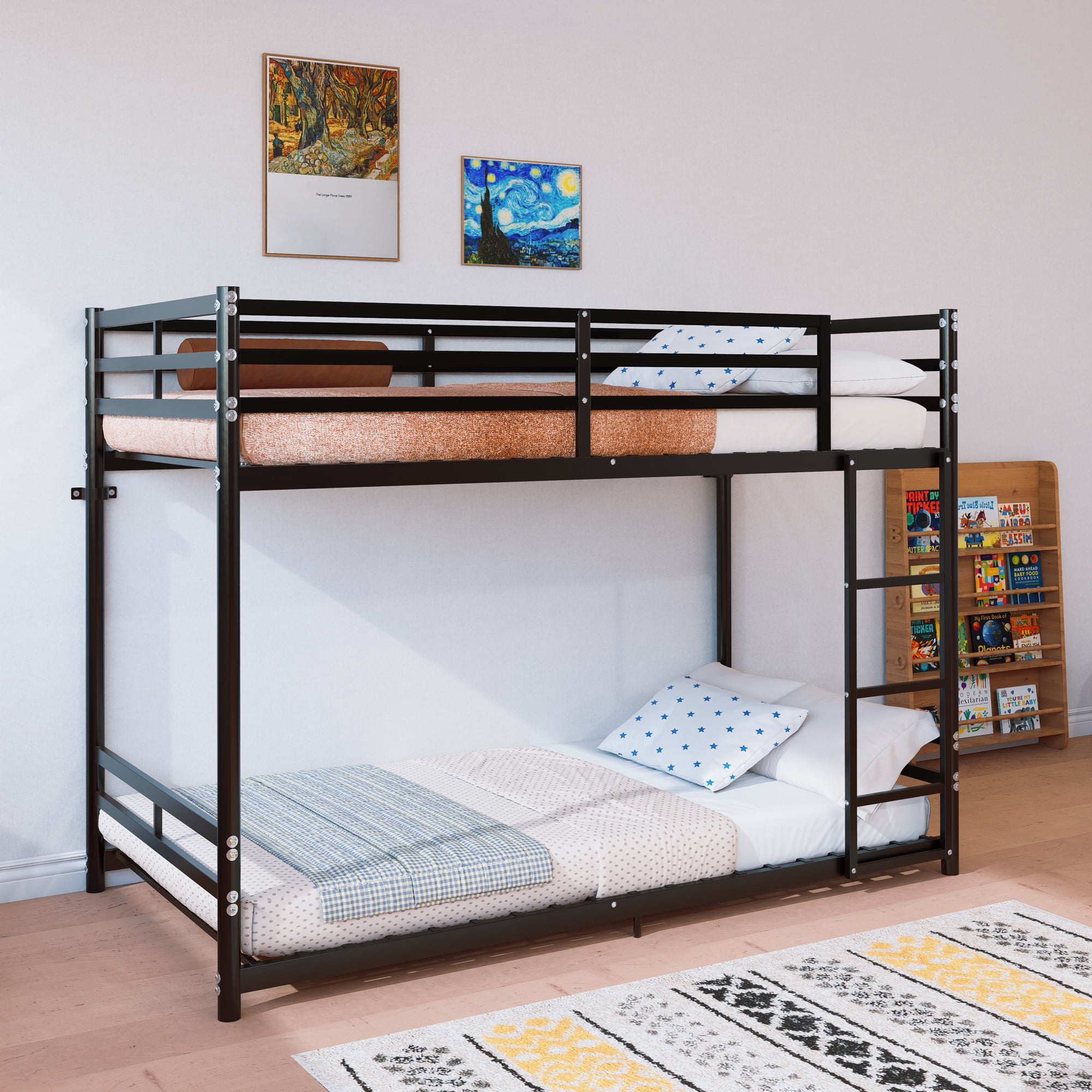 Twin Over Twin Metal Bunk Bed with High Guardrail & Ladder, Noise Free with Storage Space