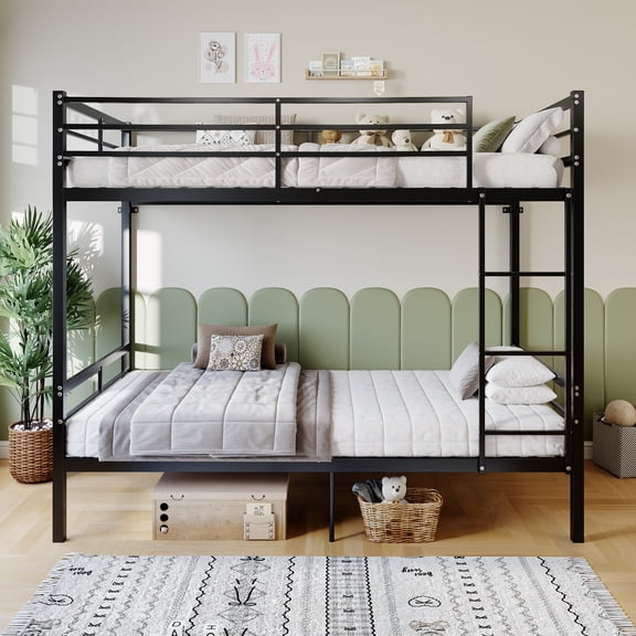 Twin Over Twin Metal Bunk Bed with High Guardrail & Ladder, Noise Free with Storage Space