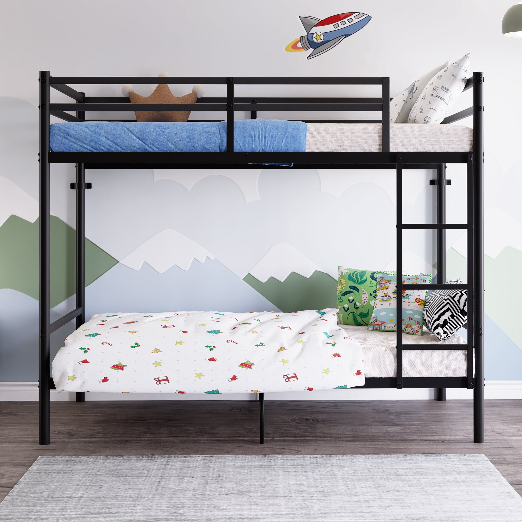 Twin Over Twin Metal Bunk Bed with High Guardrail & Ladder, Noise Free with Storage Space
