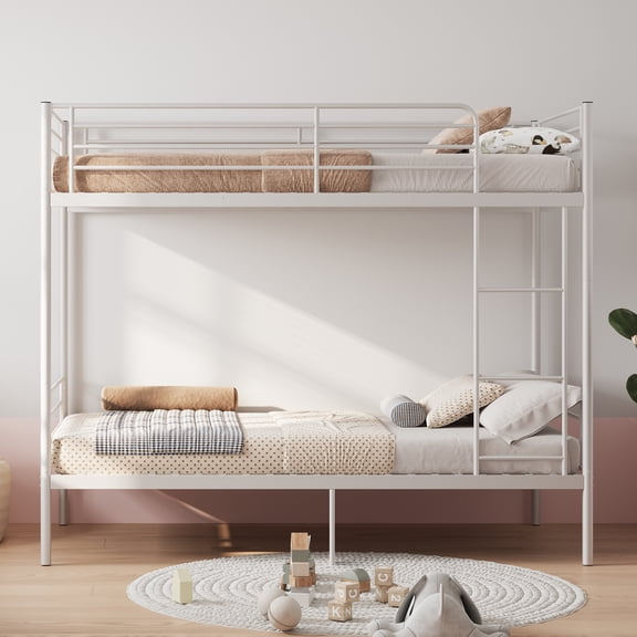 Twin Over Twin Metal Bunk Bed with Ladder, High Guardrail, Storage Space, Noise-Free, White