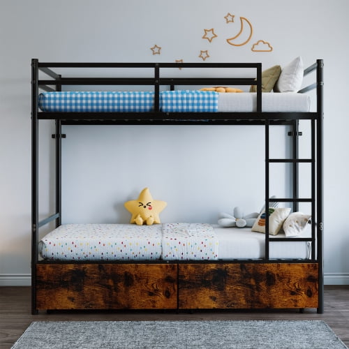 Twin Over Twin Metal Bunk Bed with Ladder, Space Saving, No Box Spring Needed, Black