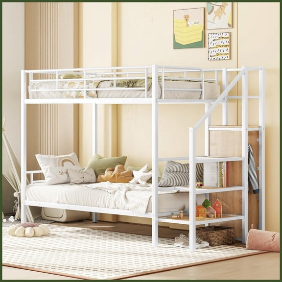 Twin Over Twin Metal Bunk Bed with Lateral Storage Ladder & Wardrobe White Space-Saving for Shared Rooms
