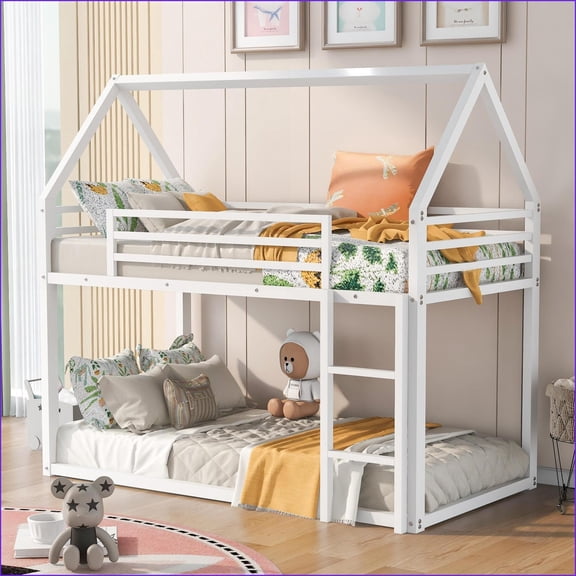 Twin Over Twin Metal House Bunk Bed with Ladder No Box Spring Needed White for Small Spaces