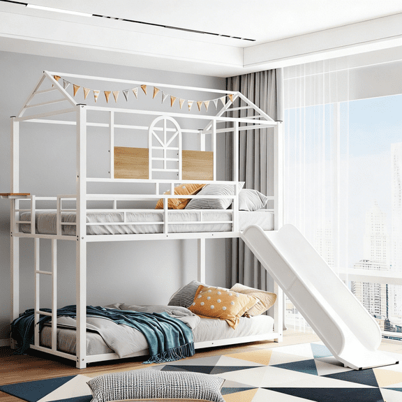 Twin Over Twin Metal Bunk Bed with Slide - White Playhouse Style Design, Durable Steel Frame