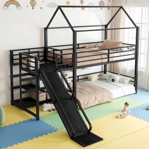 Twin-Over-Twin Metal House-Shaped Bed Frame with Multi-Functional Storage Stairs, Kids Bunk Bed with Slide