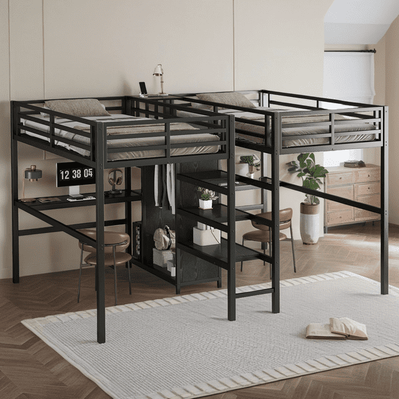 Twin Over Twin Metal Loft Bed with Double Desk and Wardrobe and Shelves with Electrical Outlet for Space Saving and Noise Reduction,Black