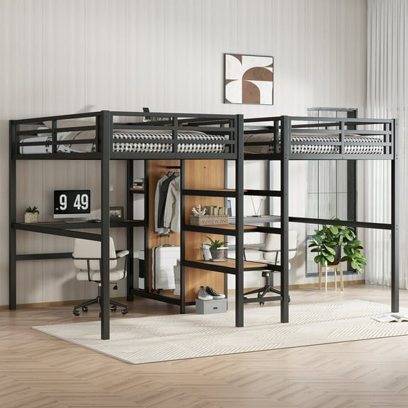 Twin Over Twin Metal Loft Bed with Double Desk and Wardrobe and Shelves with Electrical Outlet for Space Saving and Noise Reduction, Woodgrain