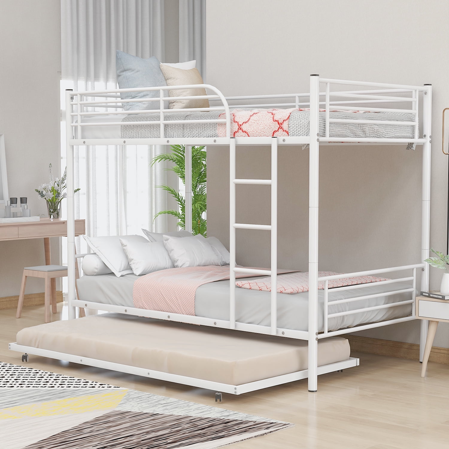 Twin Over Twin Modern Metal Pipe Bed with Trundle Twin Bunk Kids Bed with Sturdy Guard Rail Ladder