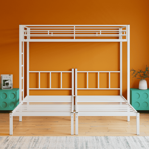 Twin Over Twin Over Twin Bunk Bed, Metal Triple Twin Bed with Safety Guardrails and Ladder, Convertible 3 Beds, for Dorm,Guest Room,White