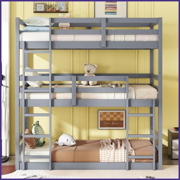Twin Over Twin Over Twin Rubber Wood Bunk Bed – Detachable, Built-in Ladders, Guardrails, No Box Spring, Grey