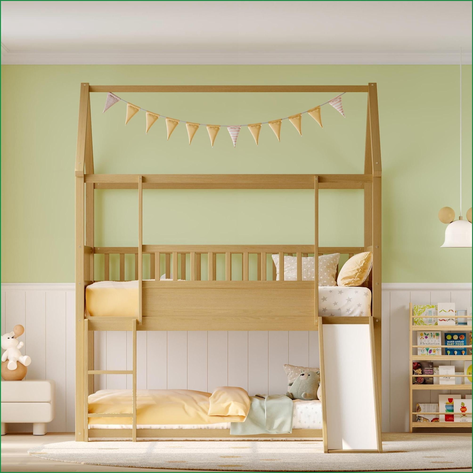 Twin Over Twin Pine Wood House Bunk Bed with Convertible Slide & Ladder ...