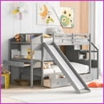 thumbnail image 1 of Twin Over Twin Pine Wood & MDF Bunk Bed with Storage Staircase, Desk & Slide – Gray, No Box Spring Needed, 1 of 19