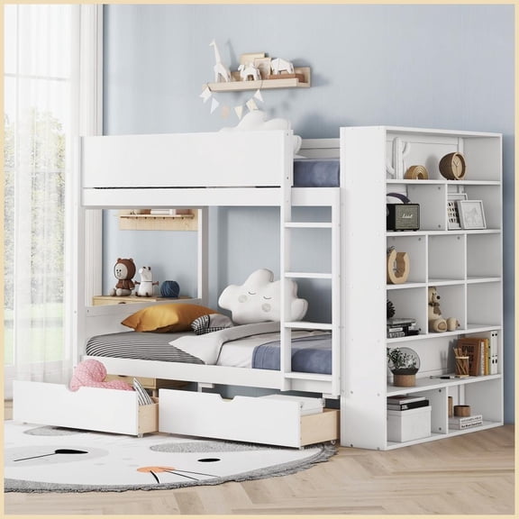 Twin Over Twin Pinewood Bunk Bed with 2 Drawers & Multi-Layer Cabinet, White Space-Saving for Shared Rooms