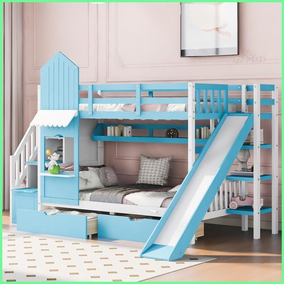 Twin-Over-Twin Pinewood & MDF Bunk Bed with 2 Drawers, 3 Shelves & Slide - Blue