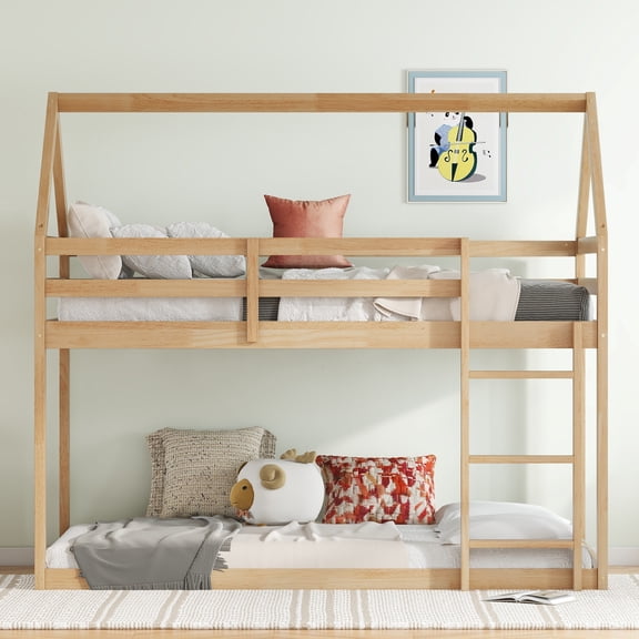 Twin Over Twin Rubber Wood Floor Bunk Bed with ladder Guardrails House-Shaped-Bunk Bed Natural