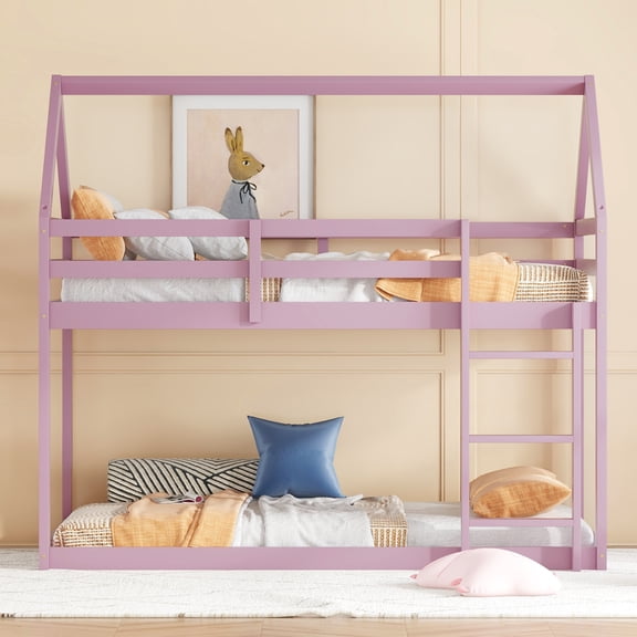 Twin Over Twin Rubber Wood Floor Bunk Bed with ladder Guardrails House-Shaped-Bunk Bed Pink