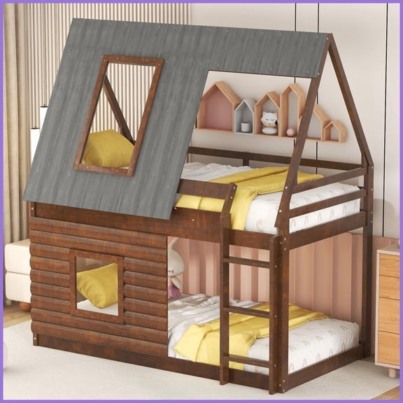 Twin Over Twin Rustic Pine Wood House Bunk Bed with Roof & Windows - Oak & Smoky Grey, No Box Spring Needed
