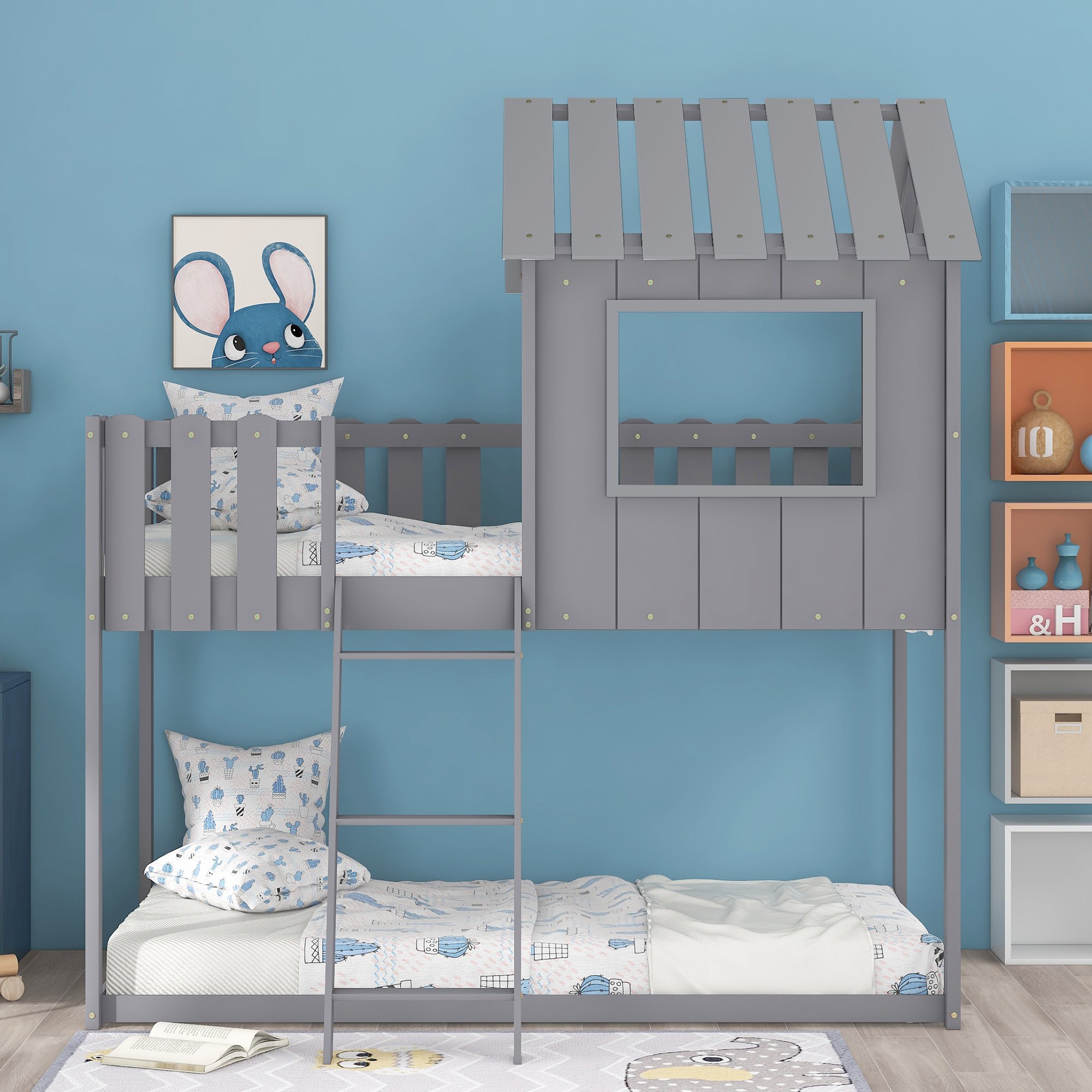 Twin Over Twin Size Bed, House Bed Low Loft Wood Bed with Window and ...