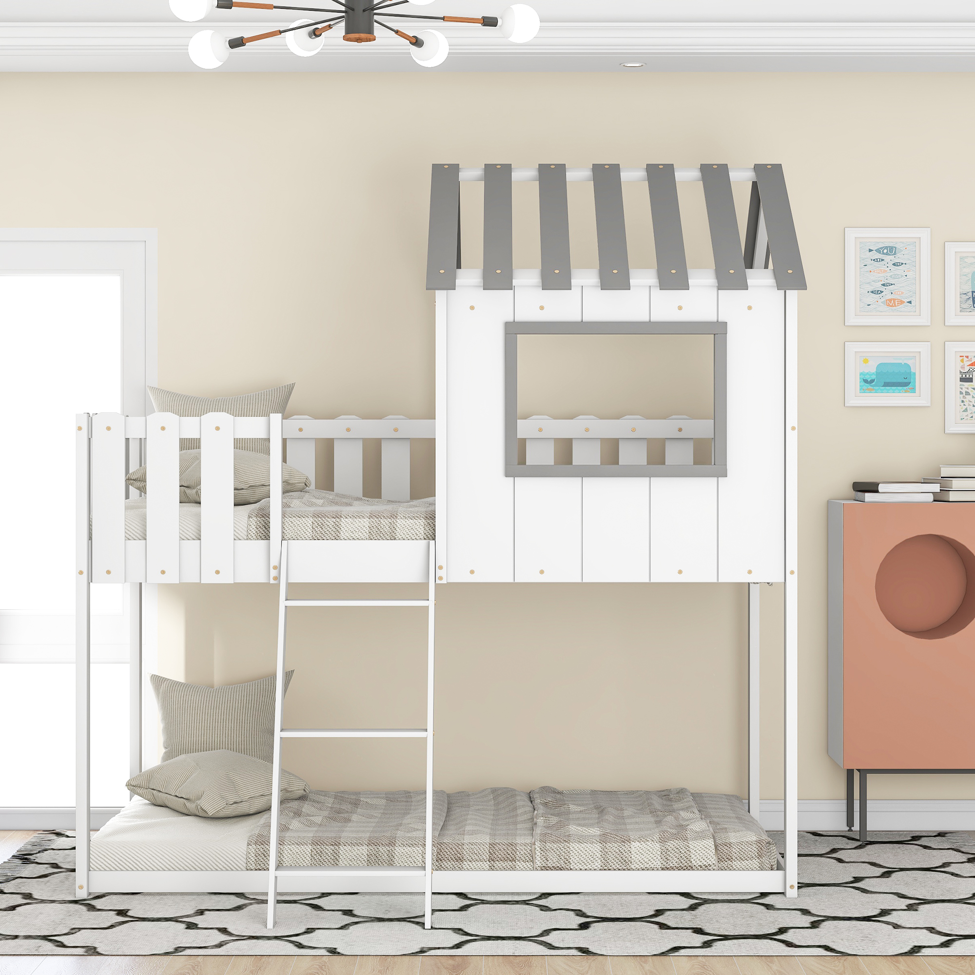 Twin Over Twin Size Bed, House Bed Low Loft Wood Bed with Window and ...