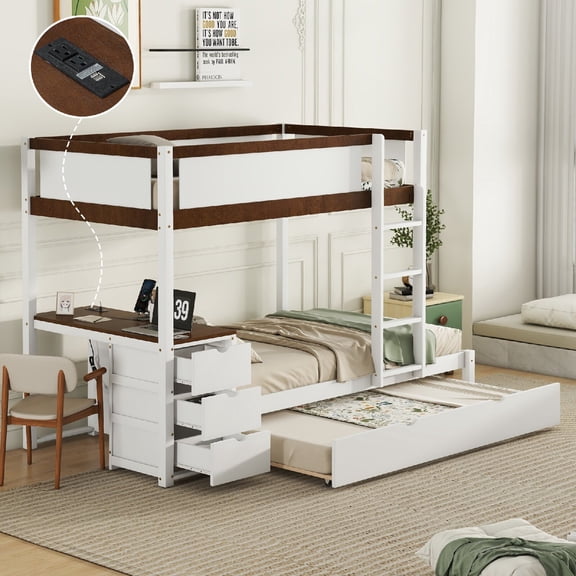 Twin-Over-Twin Size Bunk Bed Frame with Trundle and Power Outlet, Wood Bunk Bed Storage and build-in desk for Bedroom, Apartment, Mattress not included,No Box Spring Required, White+Walnut