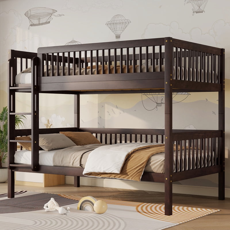 Twin-Over-Twin Size Convertible Kids Bunk Bed into 2 Platform Beds, Teens Wood Bed Frame with Ladder and Safety Guardrails