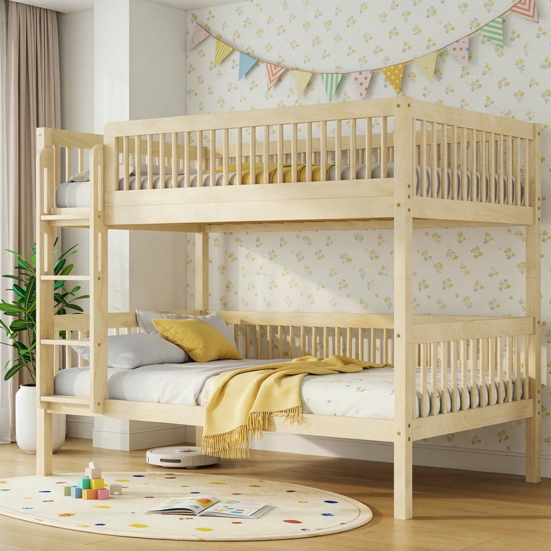 Twin-Over-Twin Size Convertible Kids Bunk Bed into 2 Platform Beds, Teens Wood Bed Frame with Ladder and Safety Guardrails
