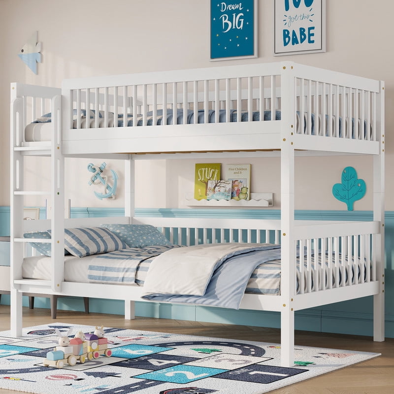 Twin-Over-Twin Size Convertible Kids Bunk Bed into 2 Platform Beds, Teens Wood Bed Frame with Ladder and Safety Guardrails