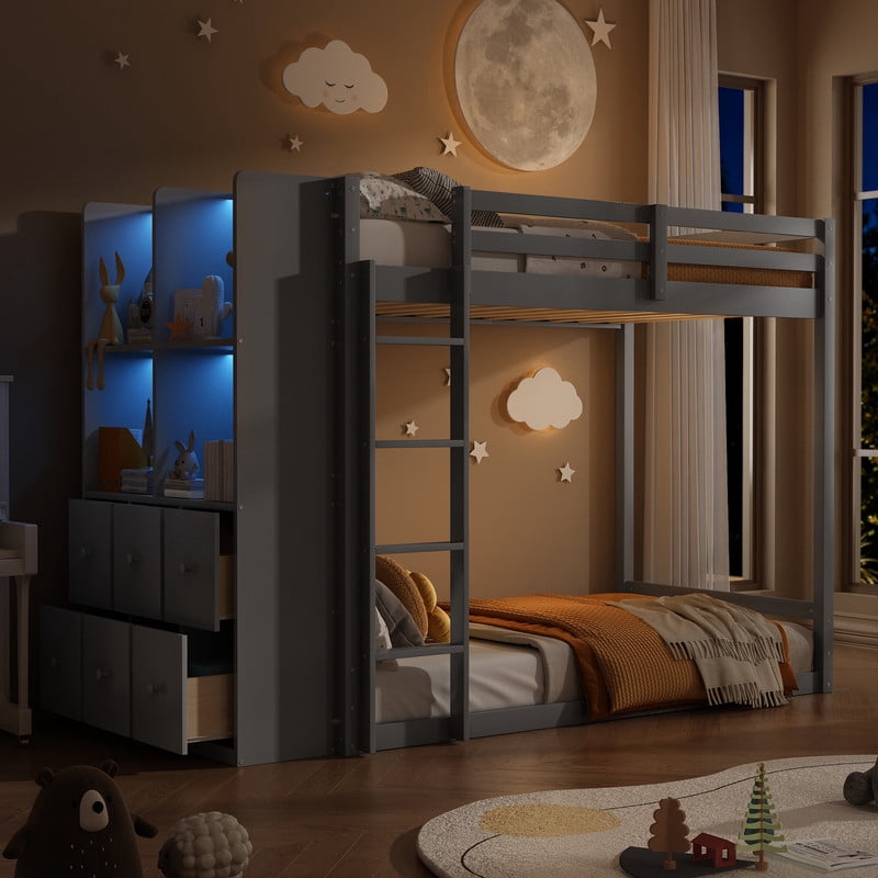 Twin-Over-Twin Size Teens Storage Bunk Bed with Drawers & Shelves, Kids Bed Frame with Built-In Ladder & LED Light Strip