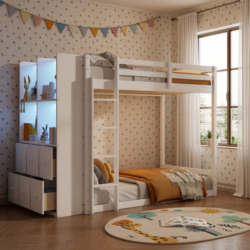 Twin-Over-Twin Size Teens Storage Bunk Bed with Drawers & Shelves, Kids Bed Frame with Built-In Ladder & LED Light Strip