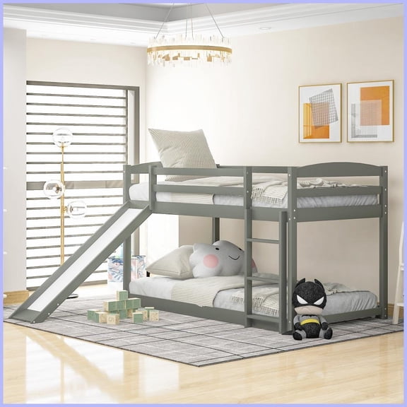Twin Over Twin Solid Pine & MDF Bunk Bed with Convertible Slide & Ladder - Gray, Ideal for Guest Rooms & Sleepovers