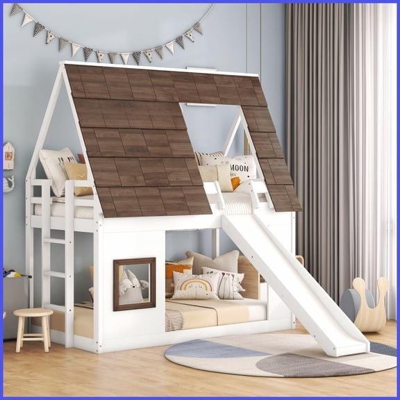 Twin Over Twin Solid Pine + MDF House Bunk Bed with Roof, Ladder & Slide, White + Brown Space-Saving