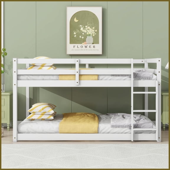 Twin Over Twin Solid Rubber Wood Bunk Bed with Ladder - No Box Spring White Platform Bed for Small Bedrooms