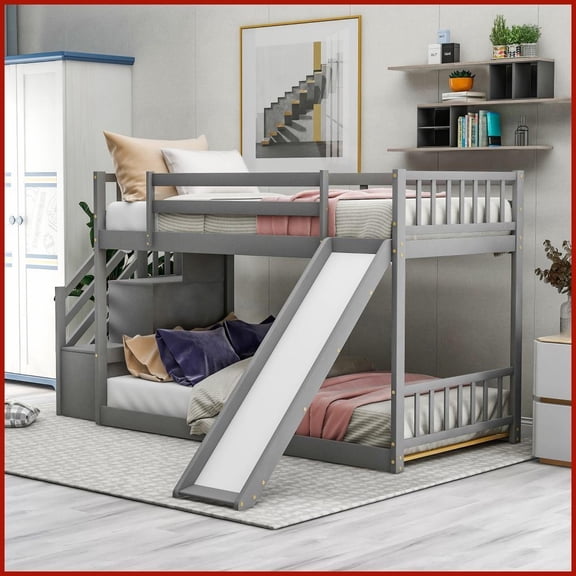 Twin Over Twin Solid Wood & MDF Bunk Bed with Convertible Slide, Stairway & Storage Shelves, Gray - Space-Saving for Guest/Second Bedroom