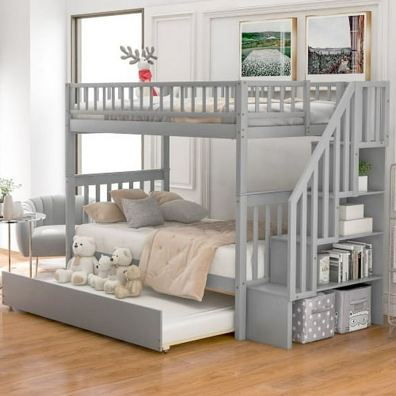 Twin Over Twin Bunk Bed for Kids, Soild Wood Bunk Beds Frame with Trundle, Staircase Storage and Full-length Guardrail for Boys Girls Bedroom, Space Saving, Easy Assembly, Gray