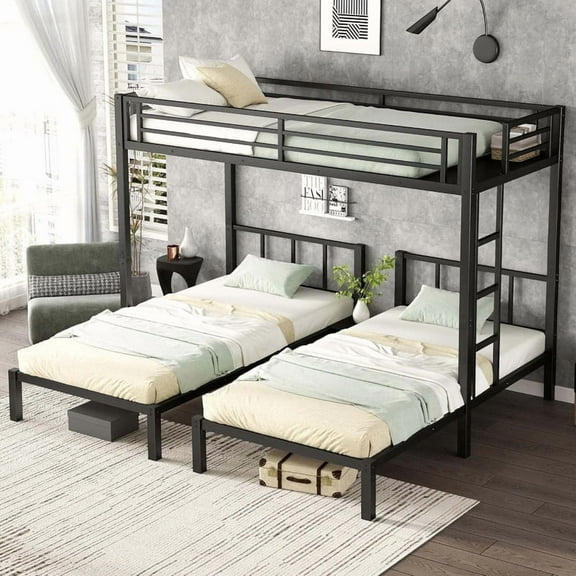 Twin Over Twin & Twin XL Bunk Bed, Metal Triple Twin Bunk Bed for 3, Bunk Beds Can be Separated into 3 Twin Beds-Black