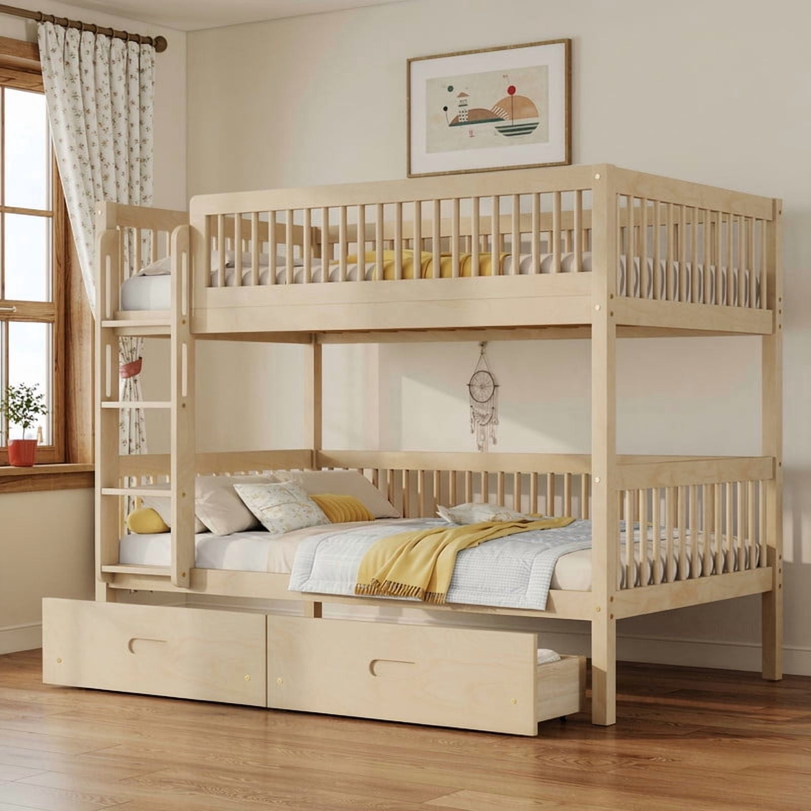 Twin-Over-Twin Wood Bunk Bed Convertible into 2 Platform Beds, Kids Storage Bed Frame with 2 Drawers, Ladder & Safety Guardrails