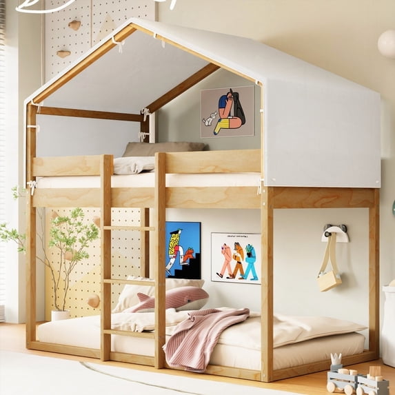 Twin Over Twin Wood Bunk Bed - Fun Tent Design & Spacious Under Bed Space