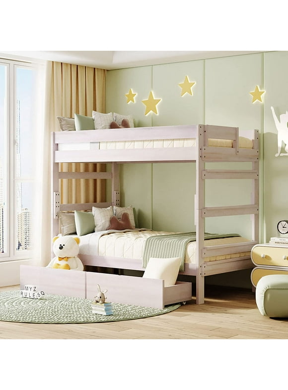 Twin Over Twin Wood Bunk Bed with 2 Drawers  White