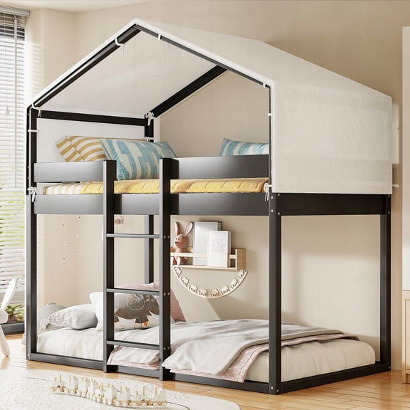 Twin Over Twin Wood Bunk Bed with Tent, Espresso - Sturdy Pine Wood Construction!