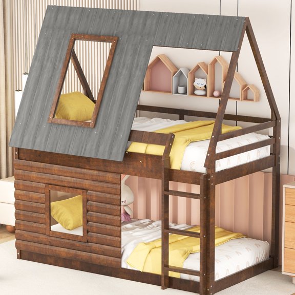Twin Over Twin Wood House Bunk Bed / Ideal for Limited Bedroom Space