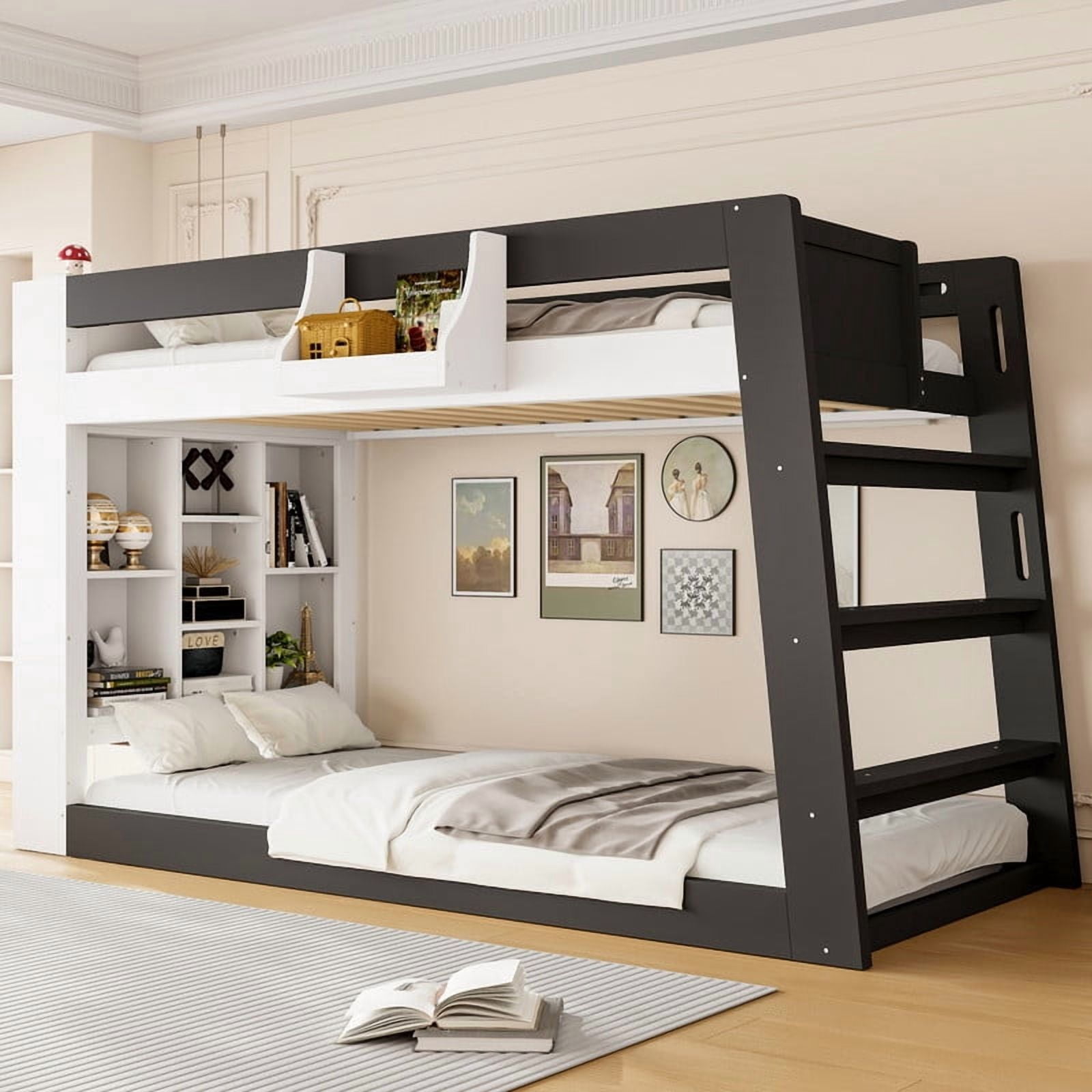 Twin-Over-Twin XL Kids/Teens Bunk Bed with Open Shelves & Guardrail, Accent Two-Tone Wood Storage Bed Frame with Bedside Rack