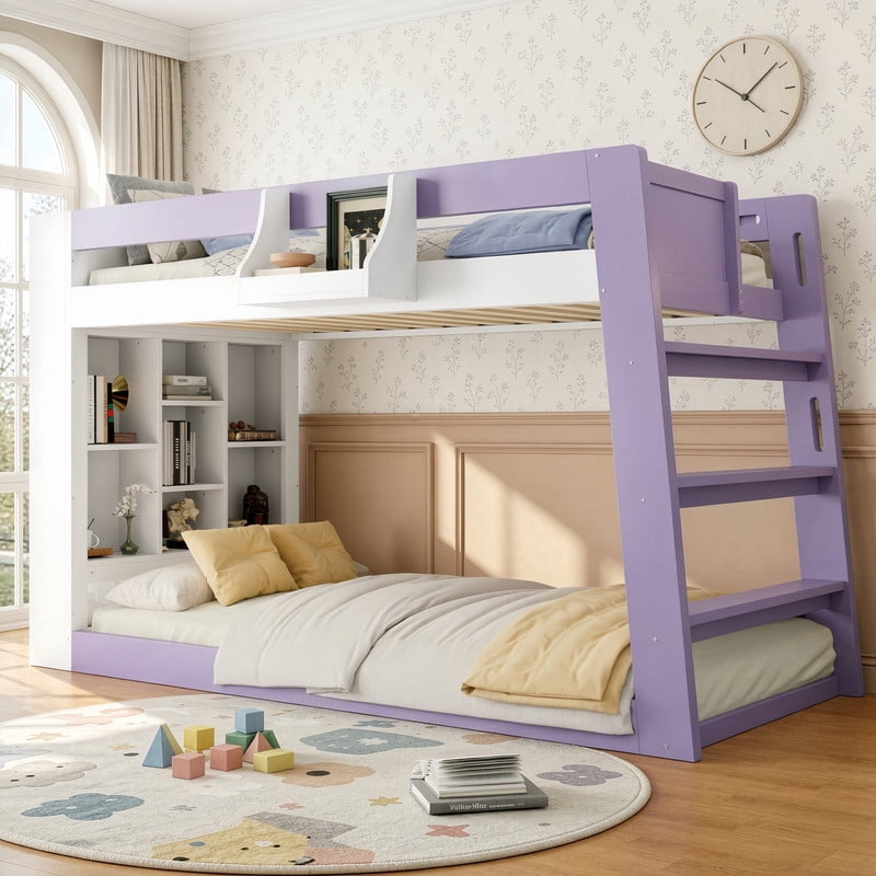 Twin-Over-Twin XL Kids/Teens Bunk Bed with Open Shelves & Guardrail, Accent Two-Tone Wood Storage Bed Frame with Bedside Rack