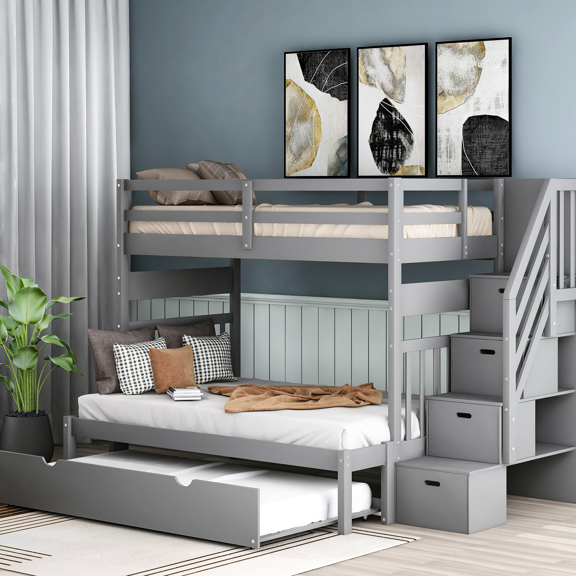 Twin Over Twin/full Bunk Bed With Size Trundle In Gray. Increase